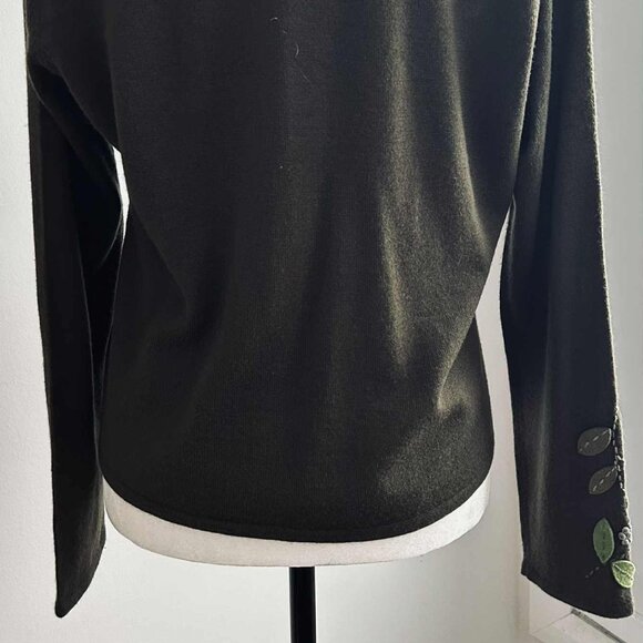 Kasper Deep Olive Wool-Blend Cardigan with Felt Leaf Appliqué – US XL - Picture 7 of 10